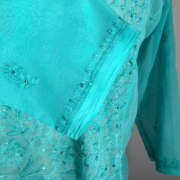 - Womens Aqua Blue & Sequins Sheer Top. Small - Picture 4 of 9